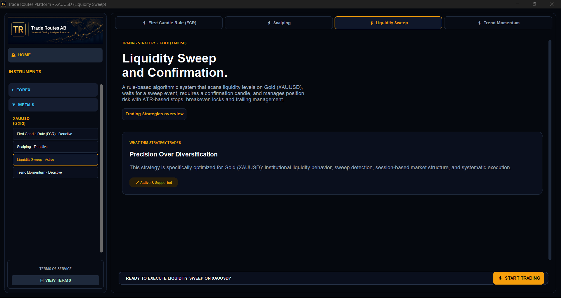 Trade Routes Platform launcher with instrument sidebar and strategy tabs.